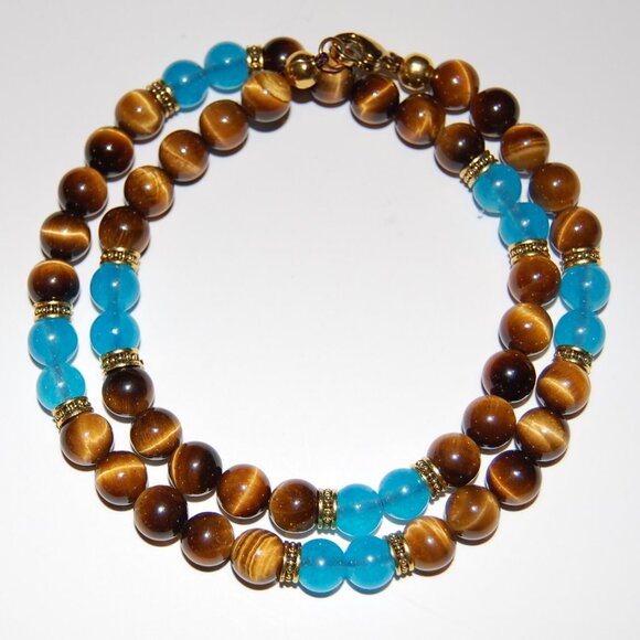 Tiger Eye Necklace,Tiger Eye and Blue Gemstone Beads - Picture 1 of 3